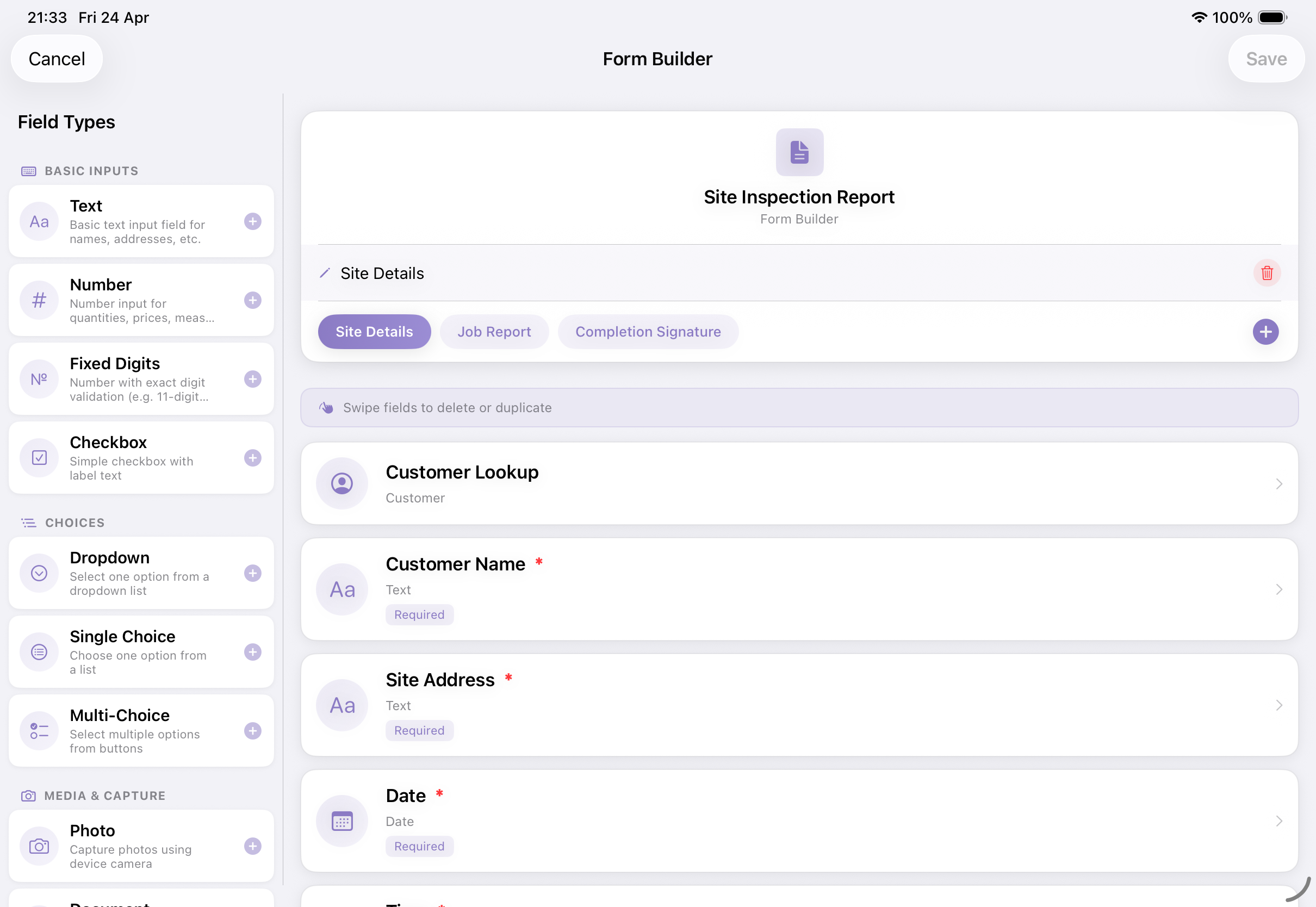 SwiftSheet Form Builder on iPad